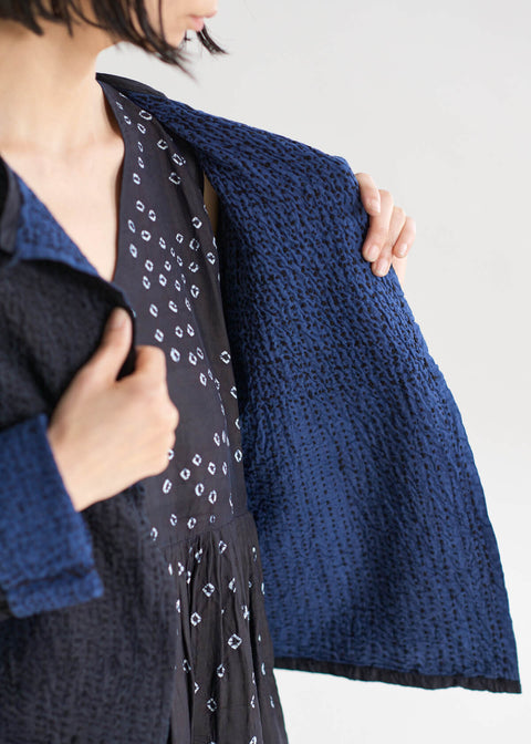 maku DINAZ Indigo dyed sashiko hand-woven silk jacket