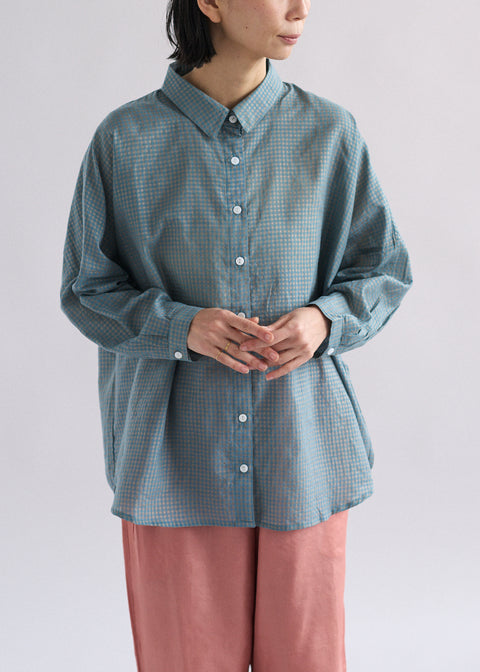 手織コットンシルクギンガムチェック ルーズブラウス（全4色）