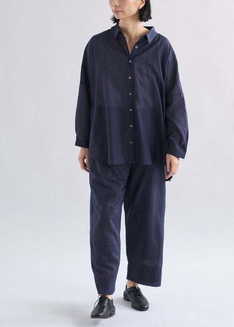 手織コットンシルクギンガムチェック ルーズブラウス（全4色）