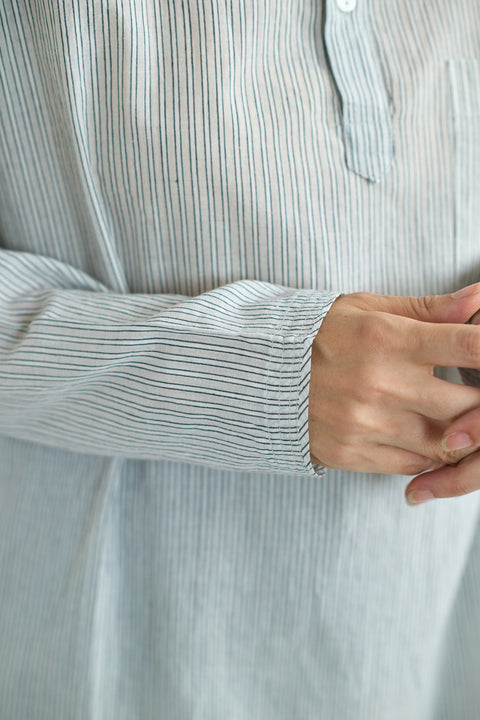 Fine Khadi Rail Striped Stand Collar Kurta Shirt